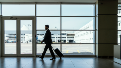 Business traveler walking through an airport terminal, pulling a rolling suitcase, with the runway and airport buildings visible through large windows.